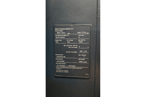  Used Crown SP3510 Stockpicker For Sale - Capacity Plate